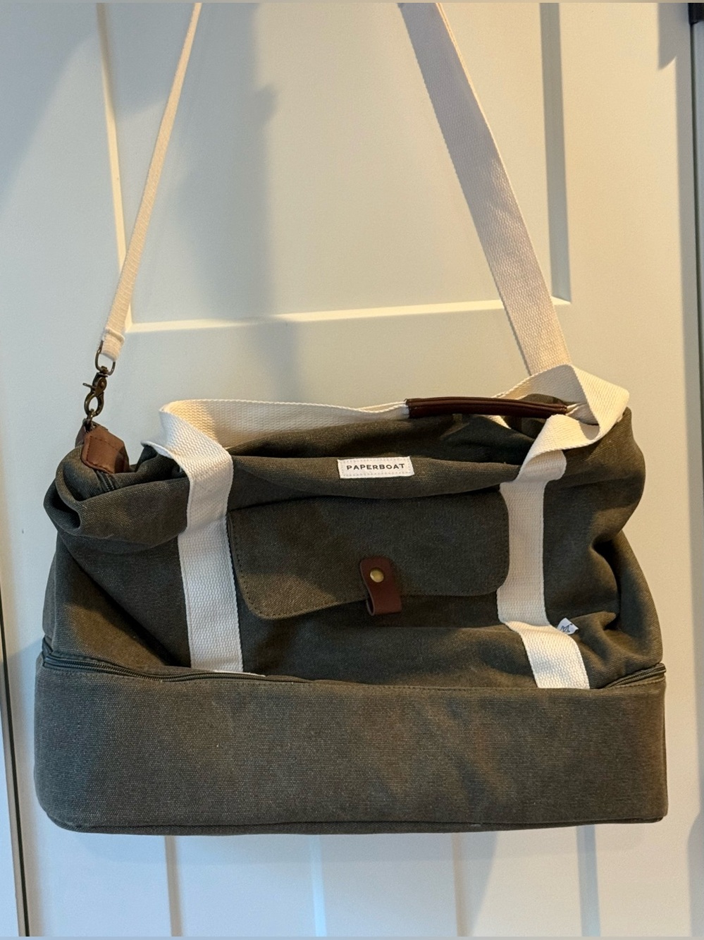 Paperboat Olive Canvas Weekender Bag extra space for shoes.
